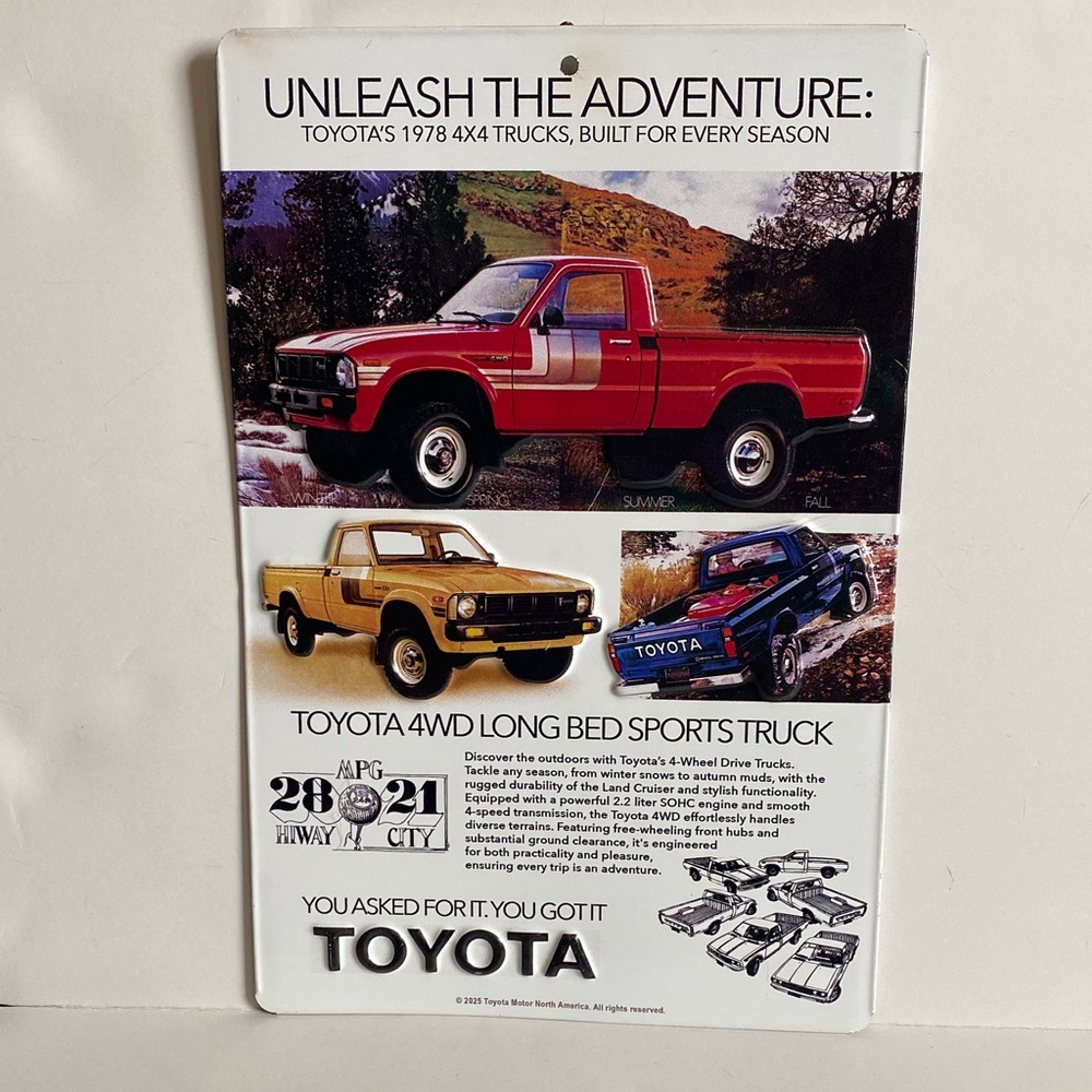 Toyota 1978 4 x 4 Vintage Truck Advertisement New Metal Garage Art Man Cave Sign